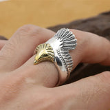 925 Silver Golden Eagle Head Open Ring for Men Rock Punk Animal Jewelry