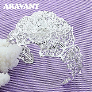 925 Silver Vintage Big Flower Open Cuff Bracelet Bangles For Women