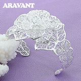 925 Silver Vintage Big Flower Open Cuff Bracelet Bangles For Women