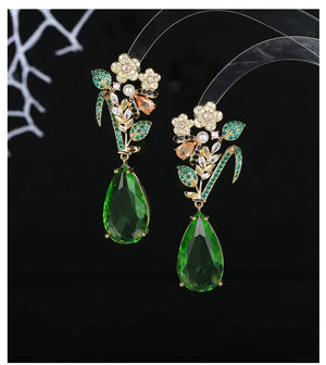 925 Silver Water Drop Leaves Earrings with Zirconia Dangler
