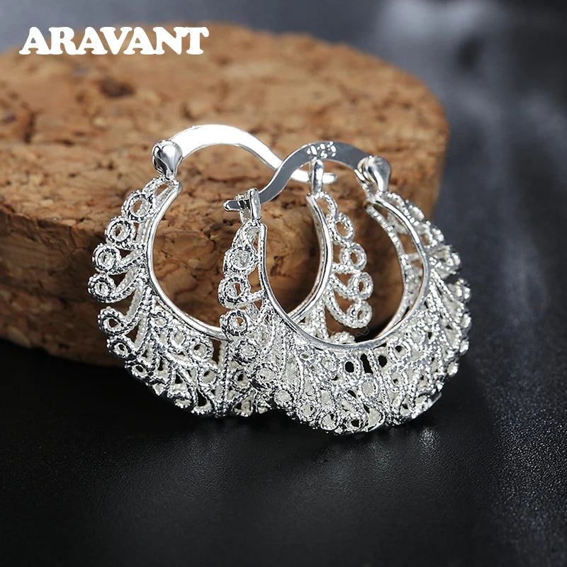 925 Silver Weave Hollow Moon Hoop Earring For Women