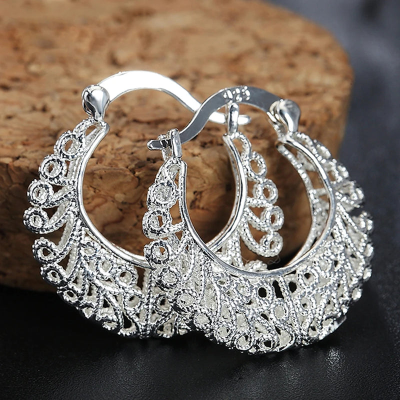 925 Silver Hollow Moon Hoop Earring, Women's Silver Jewelry