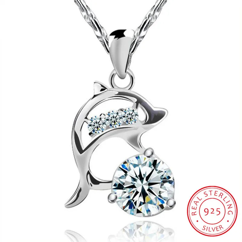925 Silver Dolphin Pendant Love Necklace For Women