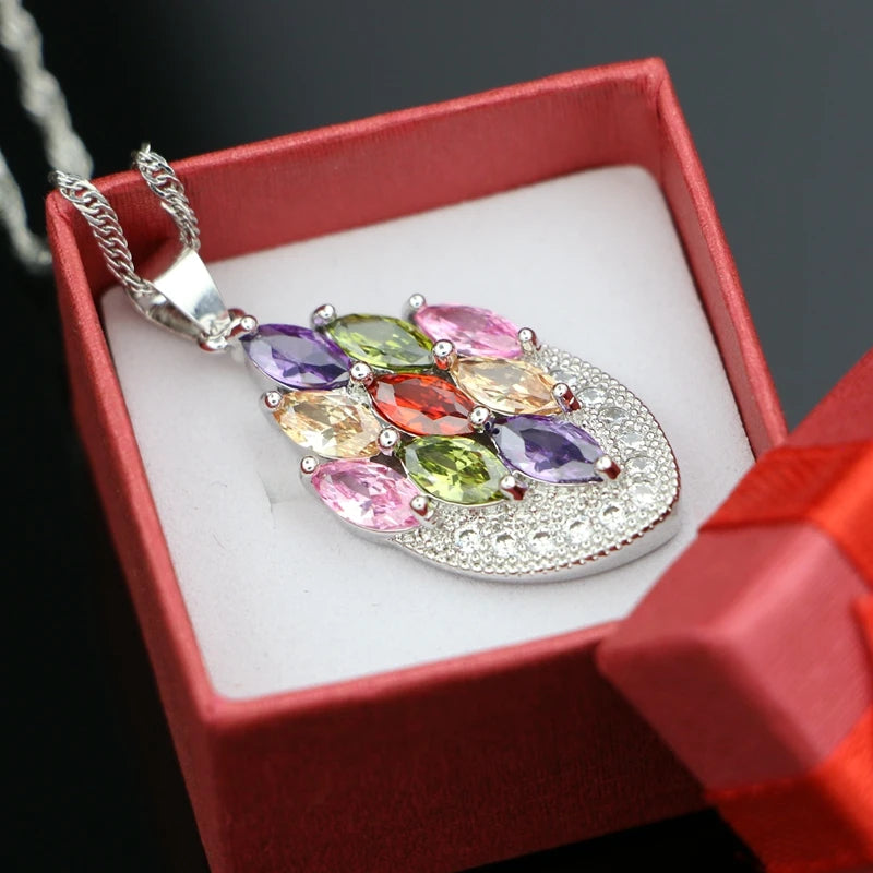 925 Silver Wedding Pendant Necklace Multicolor Cubic Zirconia Bridal