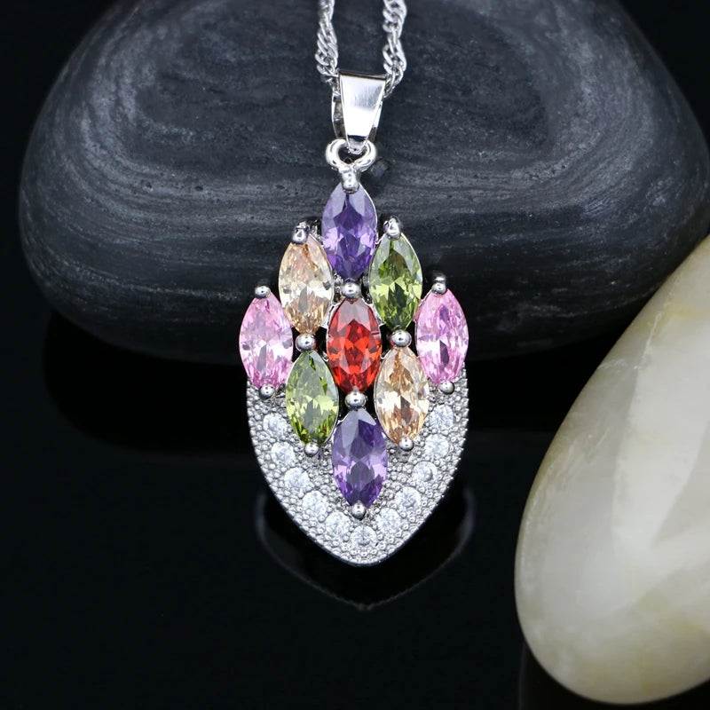925 Silver Wedding Pendant Necklace Multicolor Cubic Zirconia Bridal