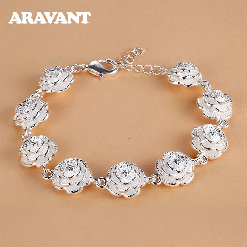 925 Silver Women Flowers Bracelets Wedding Jewelry Accessories
