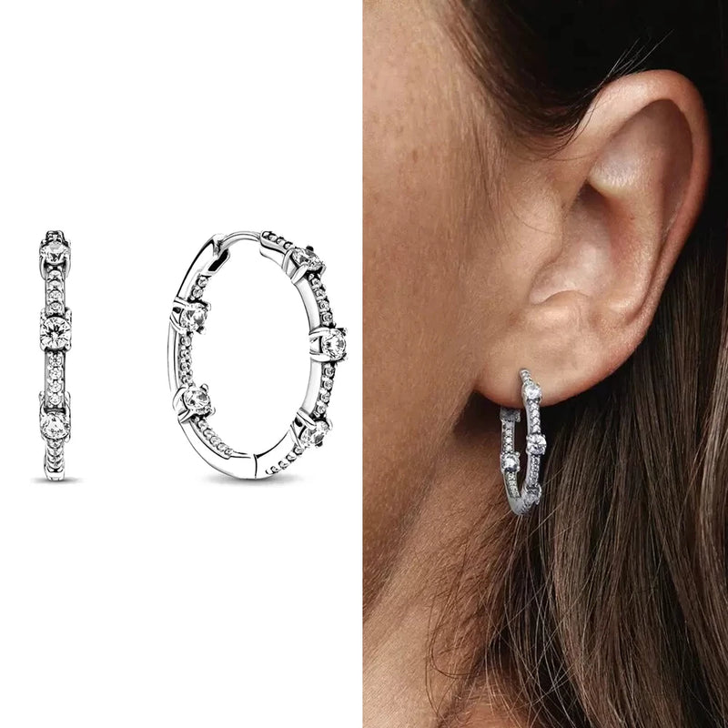 925 Silver Women Hoop Earrings Sparkling Double Heart Shape Star Earring Gift