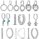 925 Silver Women Charm Hoop Earrings Pave Heart Square Sparkling Earring