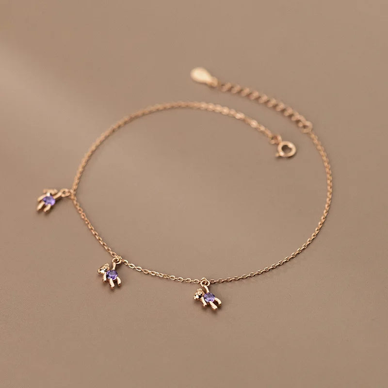 925 Silver Little Bear Anklet Leg Chain Rose