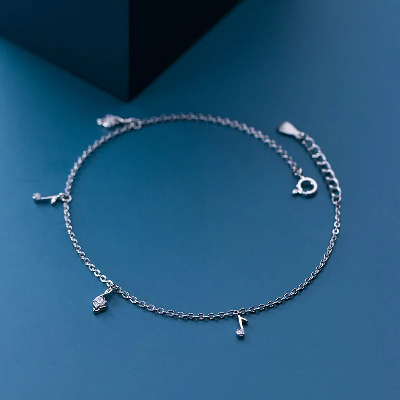 925 Silver Women's Anklet Musical Note Foot Bracelet Rose Platinum