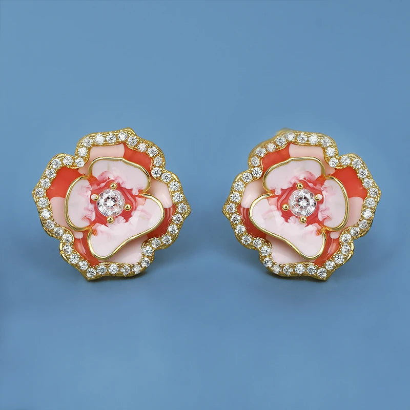 925 Silver Pink Flower Earrings Women's Party Jewelry