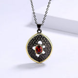 925 Silver Two-Color Hollow Disc Necklace with Red Zircon Pendant