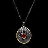 925 Silver Two-Color Hollow Disc Necklace with Red Zircon Pendant