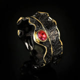 925 Silver Women's Retro Leaf Shape Red Zircon Adjustable Ring