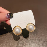 French Geometric Pearl Earrings Retro Style Silver Needle