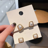 French Geometric Pearl Earrings Retro Style Silver Needle