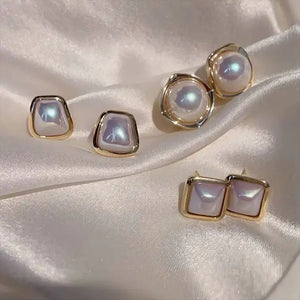 French Geometric Pearl Earrings Retro Style Silver Needle