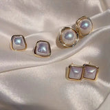 French Geometric Pearl Earrings Retro Style Silver Needle