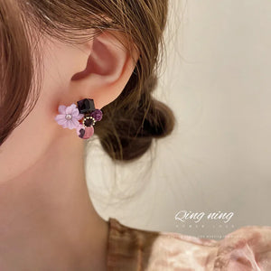 925 Silver Diamond Opal Crystal Flower Earrings Sweet Studs Retro