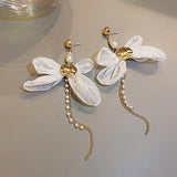 925 Silver Korea Pearl Tassel Earrings Organza Bow Pendant