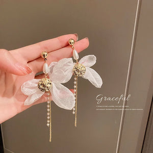 925 Silver Korea Pearl Tassel Earrings Organza Bow Pendant