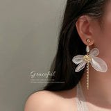 925 Silver Korea Pearl Tassel Earrings Organza Bow Pendant