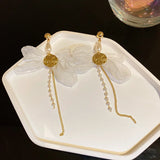 925 Silver Korea Pearl Tassel Earrings Organza Bow Pendant