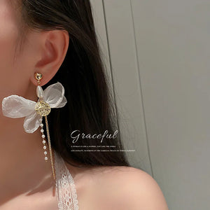 925 Silver Korea Pearl Tassel Earrings Organza Bow Pendant