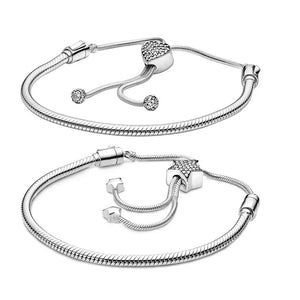 925 Silver Adjustable Pentagram Heart Drawstring Bracelet Snake Chain