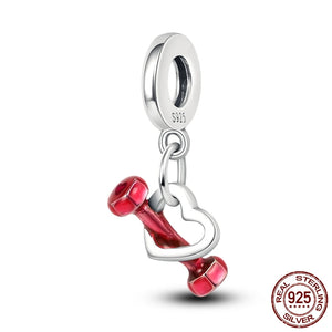925 Silver Pink Enamel Dumbbell Heart Dangle Charm Pendant