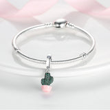 925 Sliver Green CZ Cactus Dangle Charm Pink Enamel Cactus Beads for Bracelet