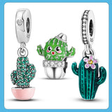 925 Sliver Green CZ Cactus Dangle Charm Pink Enamel Cactus Beads for Bracelet