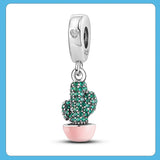 925 Sliver Green CZ Cactus Dangle Charm Pink Enamel Cactus Beads for Bracelet