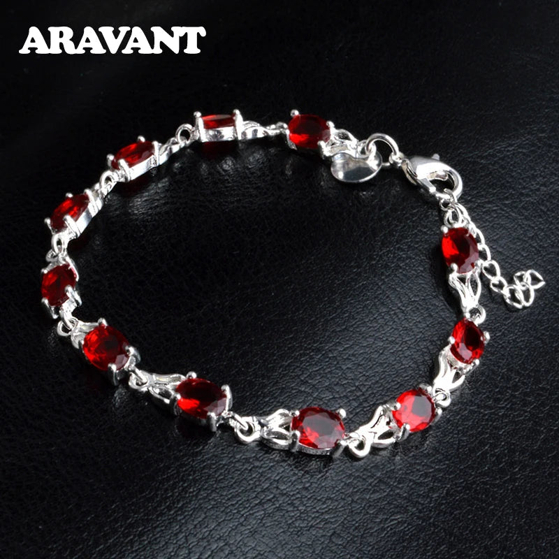 925 Silver Red Zircon Charm Bracelet Chain Wedding Jewelry
