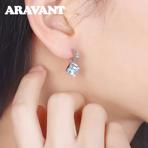 925 Silver Square Aquamarine Earrings Women's Jewelry