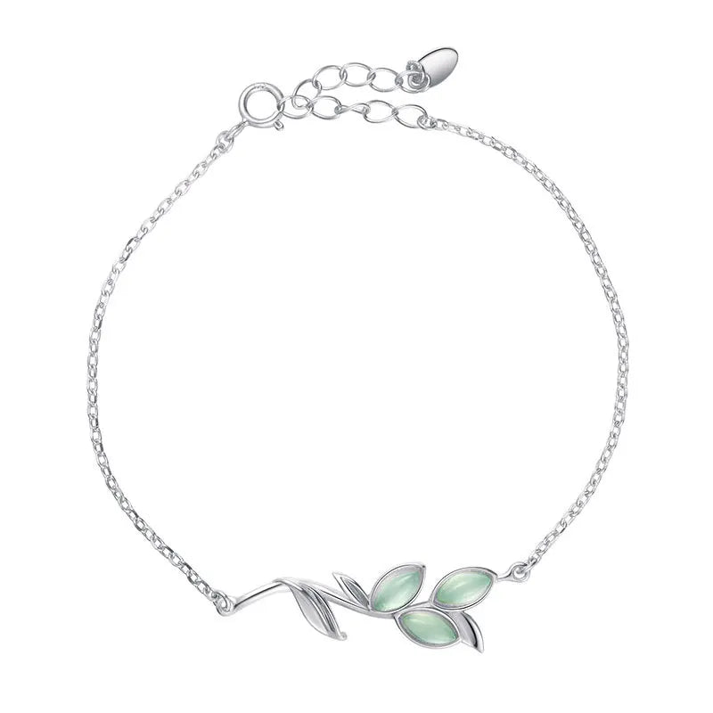 925 Silver Opal Green Leaves Charm Bracelet For Women Bangles Gift