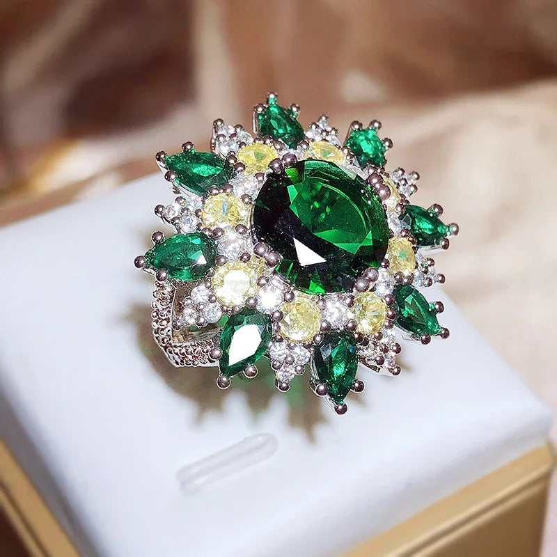 925 Stamp Emerald Zirconia Snowflake Ring Personalised Decorative Drop Ring