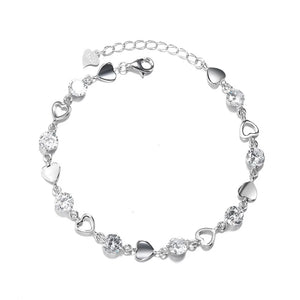 925 Silver Heart Bracelet with Zirconia Chain, Women's Cuff Bangle