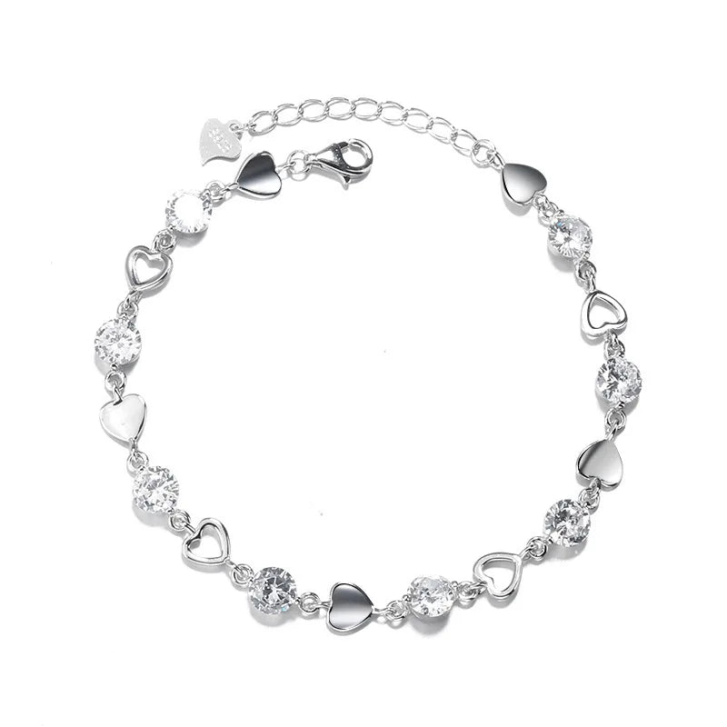 925 Silver Heart Bracelet with Zirconia Chain, Women's Cuff Bangle