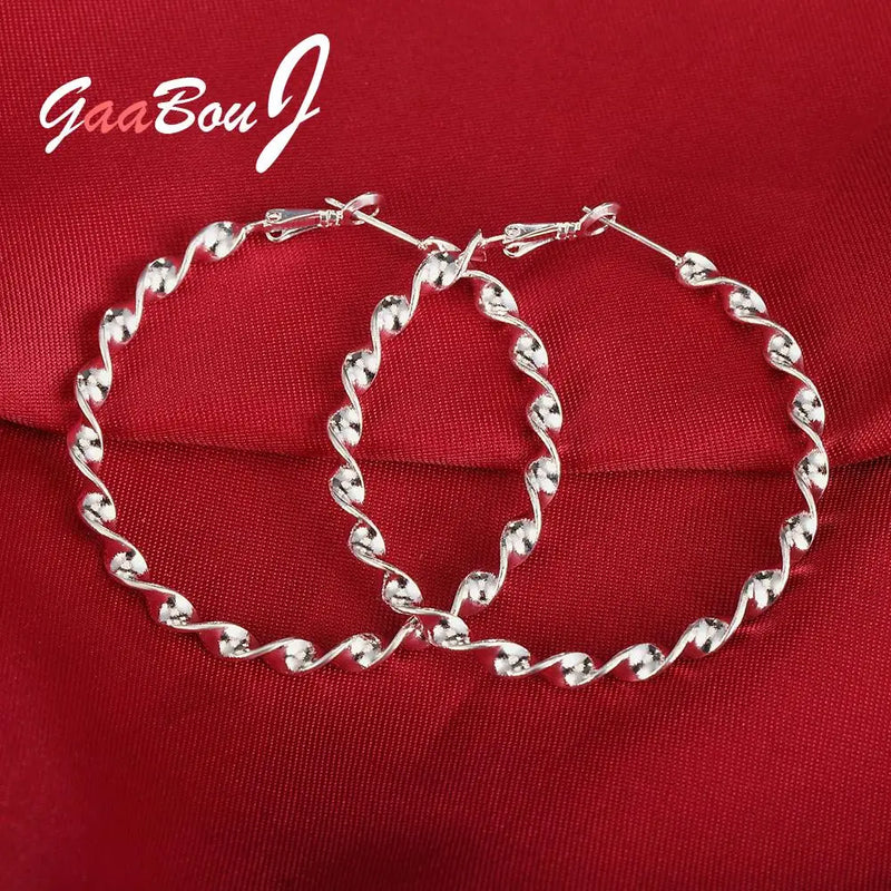 925 Silver Twisted Hoop Earrings 45MM Round Big Women Wedding Engagement Party