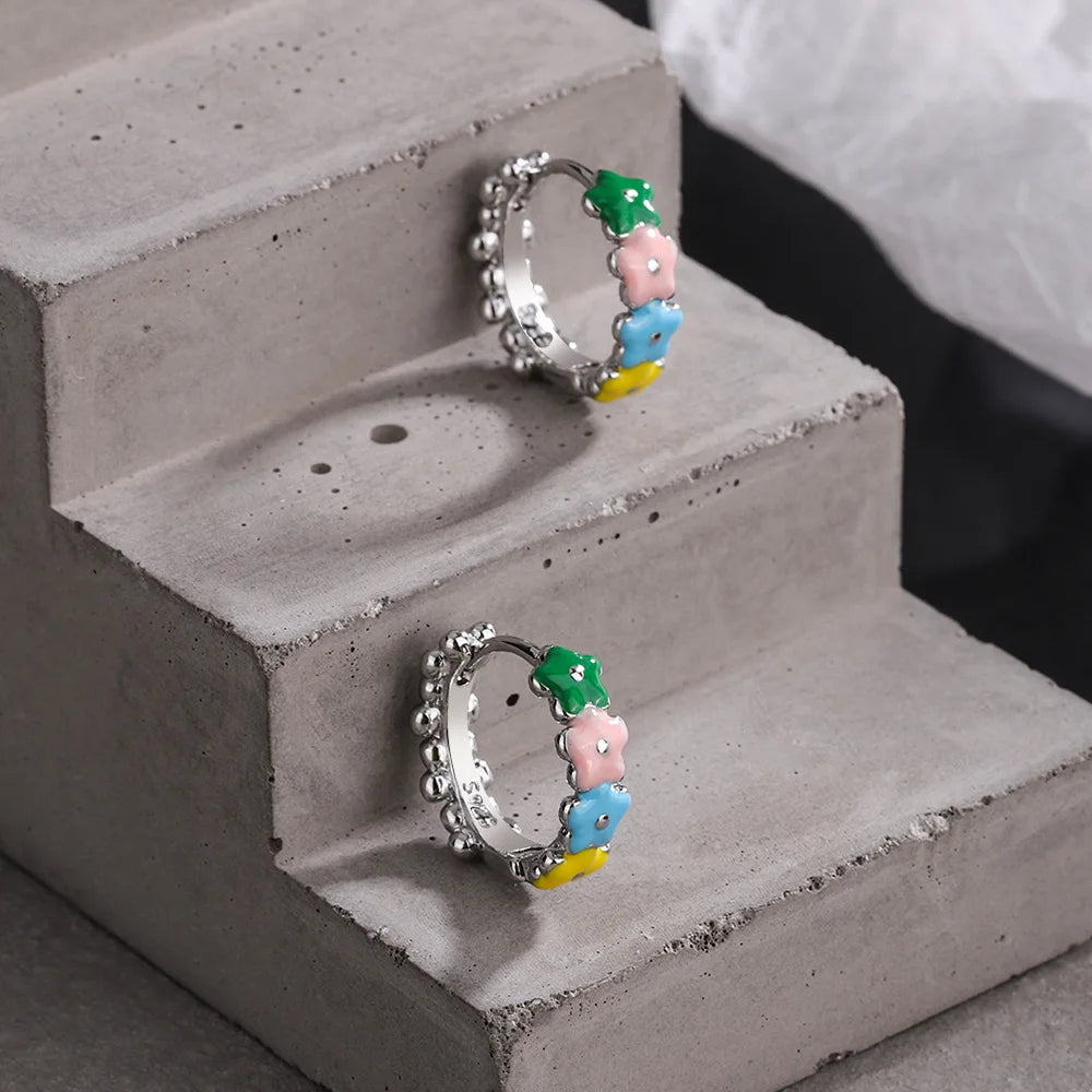 925 Stamp Silver Small Cherry Flower Earrings For Women Vintage Party Jewelry