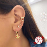 925 Silver Enamel Smiling Face Dangle Earrings Round Hoop Jewelry