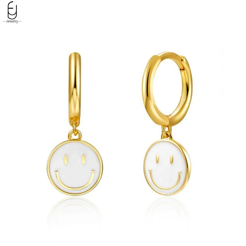 925 Silver Enamel Smiling Face Dangle Earrings Round Hoop Jewelry