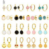 925 Silver Enamel Smiling Face Dangle Earrings Round Hoop Jewelry
