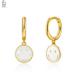 925 Silver Enamel Smiling Face Dangle Earrings Round Hoop Jewelry