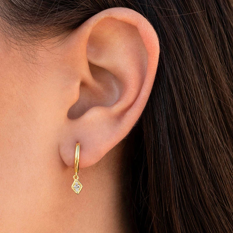 925 Silver Small Square Drop Earrings Crystal Hoop Jewelry