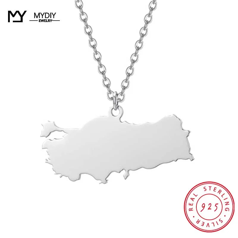 925 Sterling Silver Map Pendant Necklace Gift Jewelry