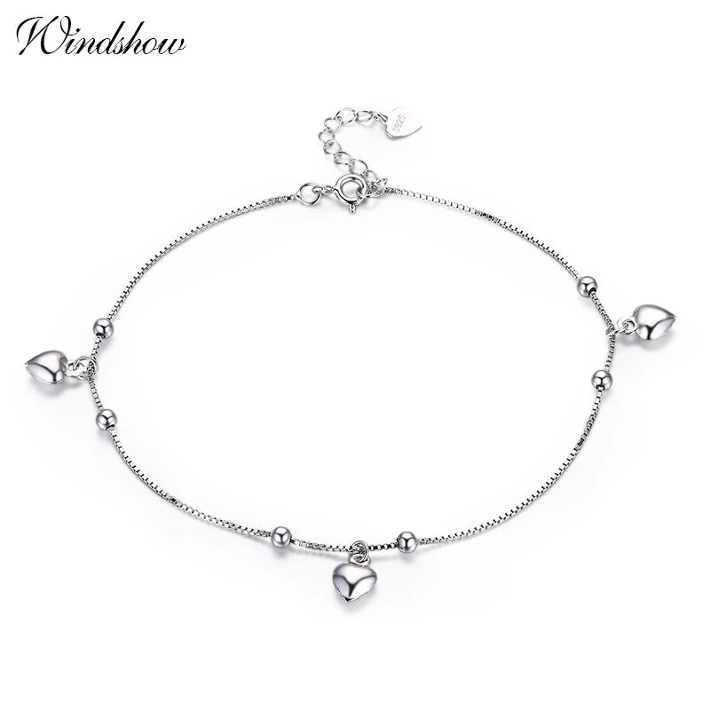 925 Silver Box Chain Peach Heart Foot Jewelry Anklet for Women Girls