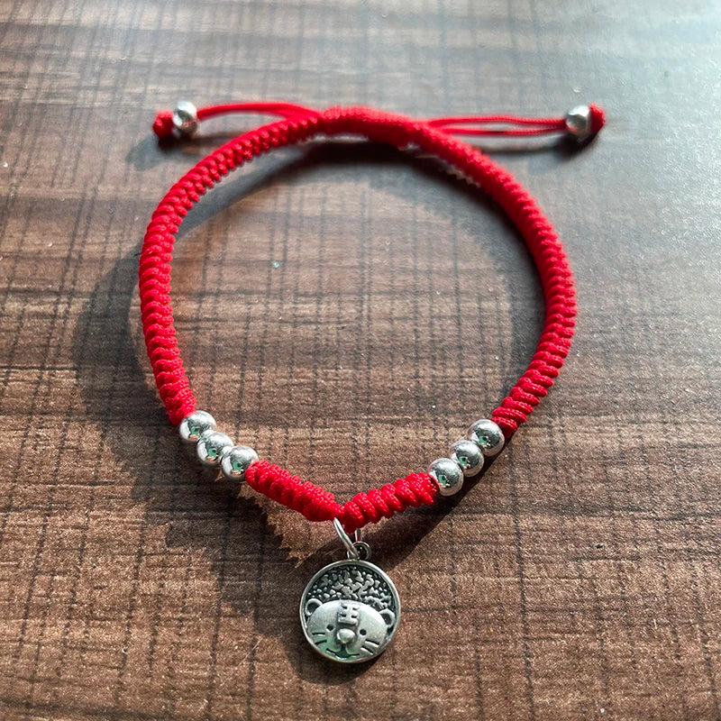 925 Sterling Silver Tiger Coin Charm Bracelet with Red Thread
