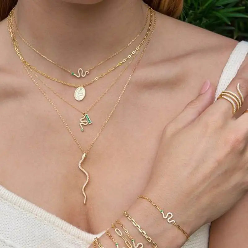 925 Silver CZ Snake Pendant Necklace Women Zircon Punk Style Choker Jewelry